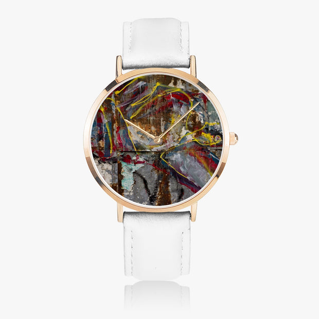 Ultra-Thin Custom Art Quartz Watch Rose Gold Leather Strap