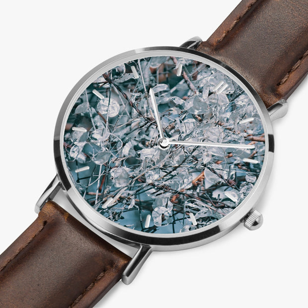 Custom Casual Ultra-Thin Quartz Watch Silver Indicators Leather Strap