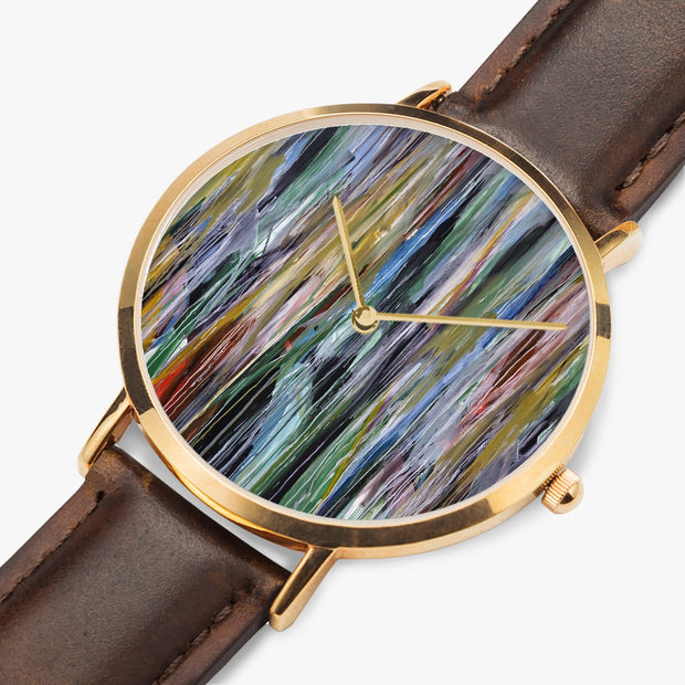 Ultra-Thin Quartz Art Watch Rose Gold Unisex Leather Strap