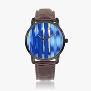 Custom Wide Blue Art Quartz Watch Genuine Leather Strap