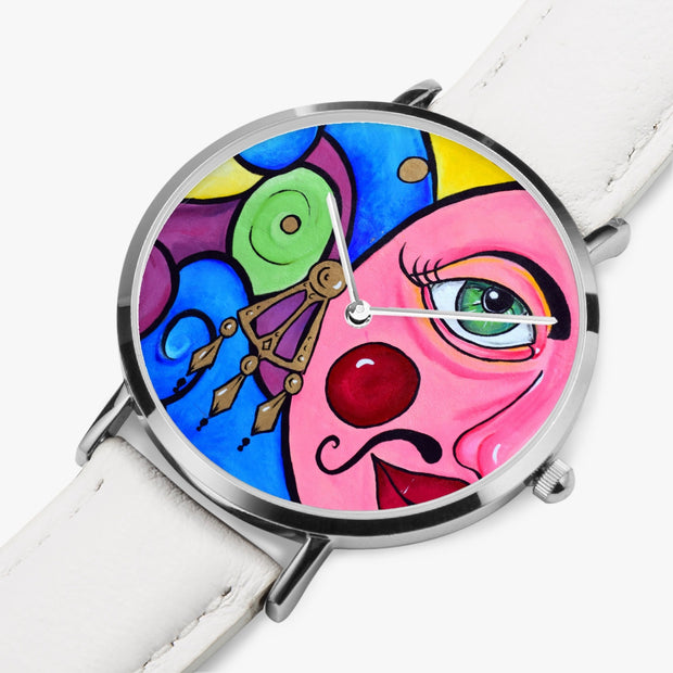 Fun Colorful Ultra-Thin Quartz Art Watch Silver Case Leather Strap