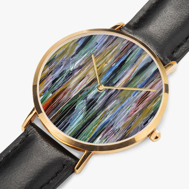 Ultra-Thin Quartz Art Watch Rose Gold Unisex Leather Strap