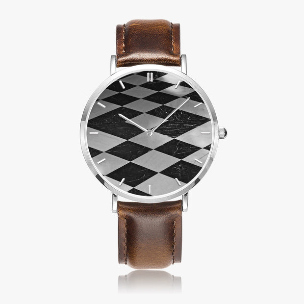 Custom Ultra-Thin Art Quartz Watch Leather Strap Silver Case With Indicators