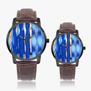 Custom Wide Blue Art Quartz Watch Genuine Leather Strap