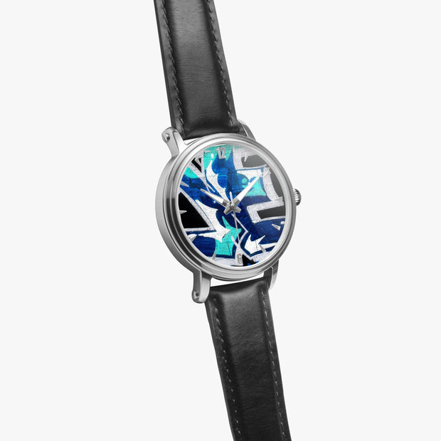 Custom Automatic Mechanical Art Watch Silver Leather Strap