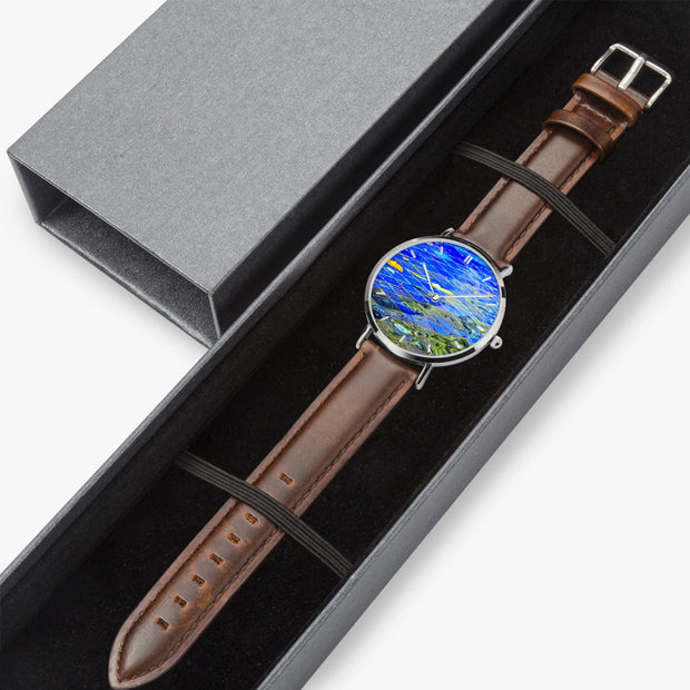 Custom Personalized Ultra-Thin Quartz Silver Art Watch Leather Strap Indicators