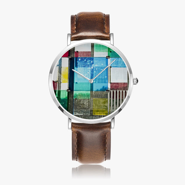 Custom Personalized Ultra-Thin Silver Quartz Art Watch Leather Strap