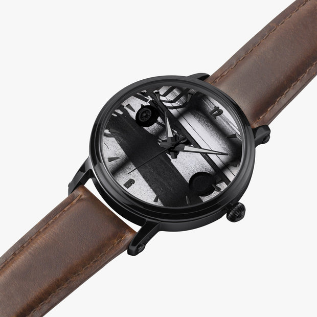 Men Women Custom Black Mechanical Art Watch Leather Strap
