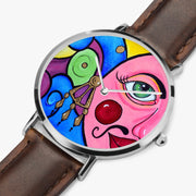 Fun Colorful Ultra-Thin Quartz Art Watch Silver Case Leather Strap